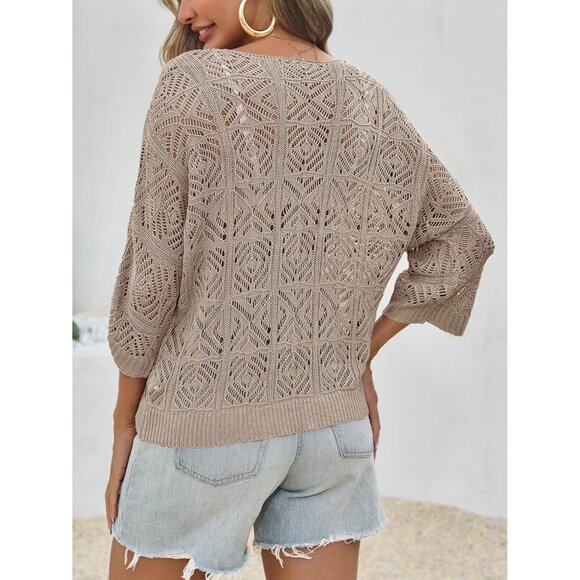 Women's Crocheted Mesh Cover Up Top Summer 3/4 Sleeve Off Shoulder Wahte - Picture 5 of 5